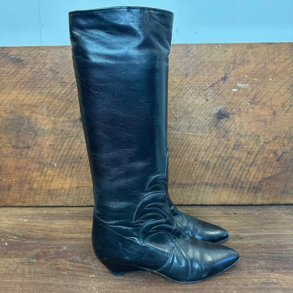 Walter Steiger Black Leather Knee High Boots Size 37 - Picture 2 of 13